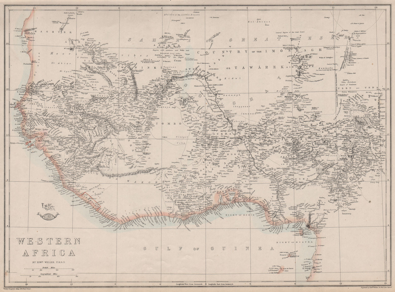 PRE COLONIAL WESTERN AFRICA.  Shows Mountains of Kong. Tribes. WELLER 1863 map